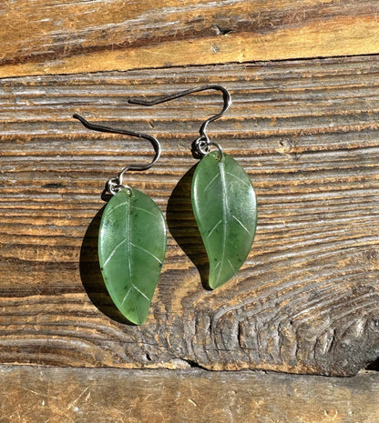 Canadian Jade Leaf Earrings — Sterling Silver Hooks (UJKK-1990-H)