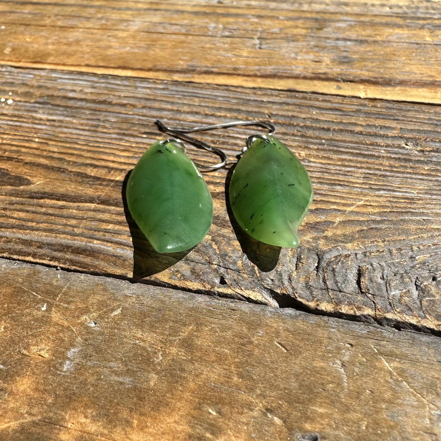 Canadian Jade Leaf Earrings — Sterling Silver Hooks (UJKK-1990-H)