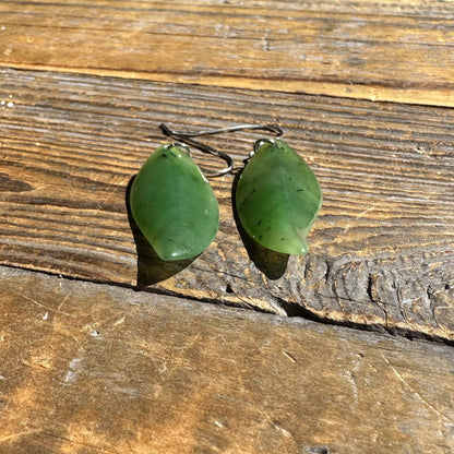 Canadian Jade Leaf Earrings — Sterling Silver Hooks (UJKK-1990-H)