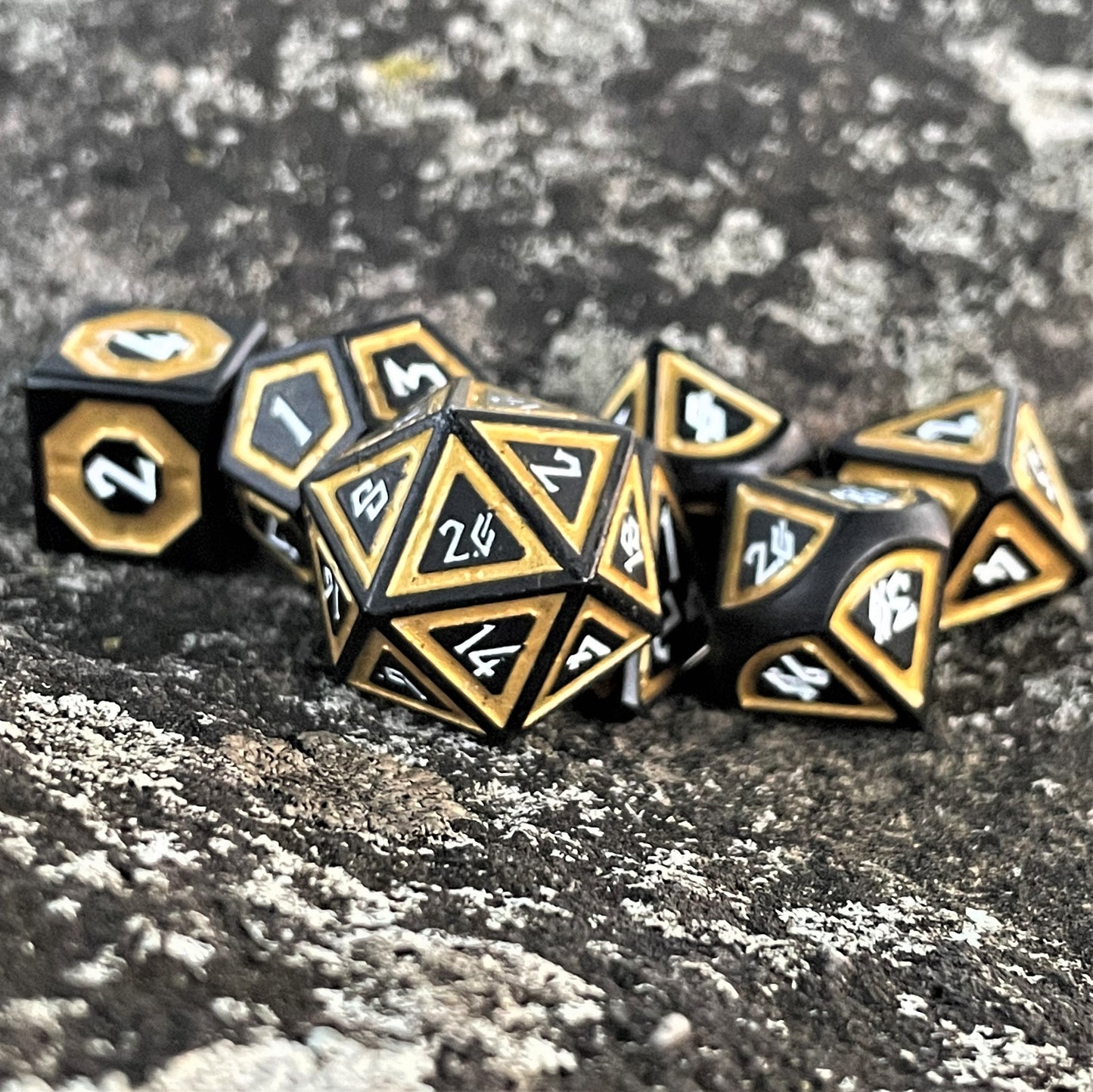 Cleric's Shadow Domain Black & Gold Metal Dice Set – 7-Piece Polyhedral RPG Dice