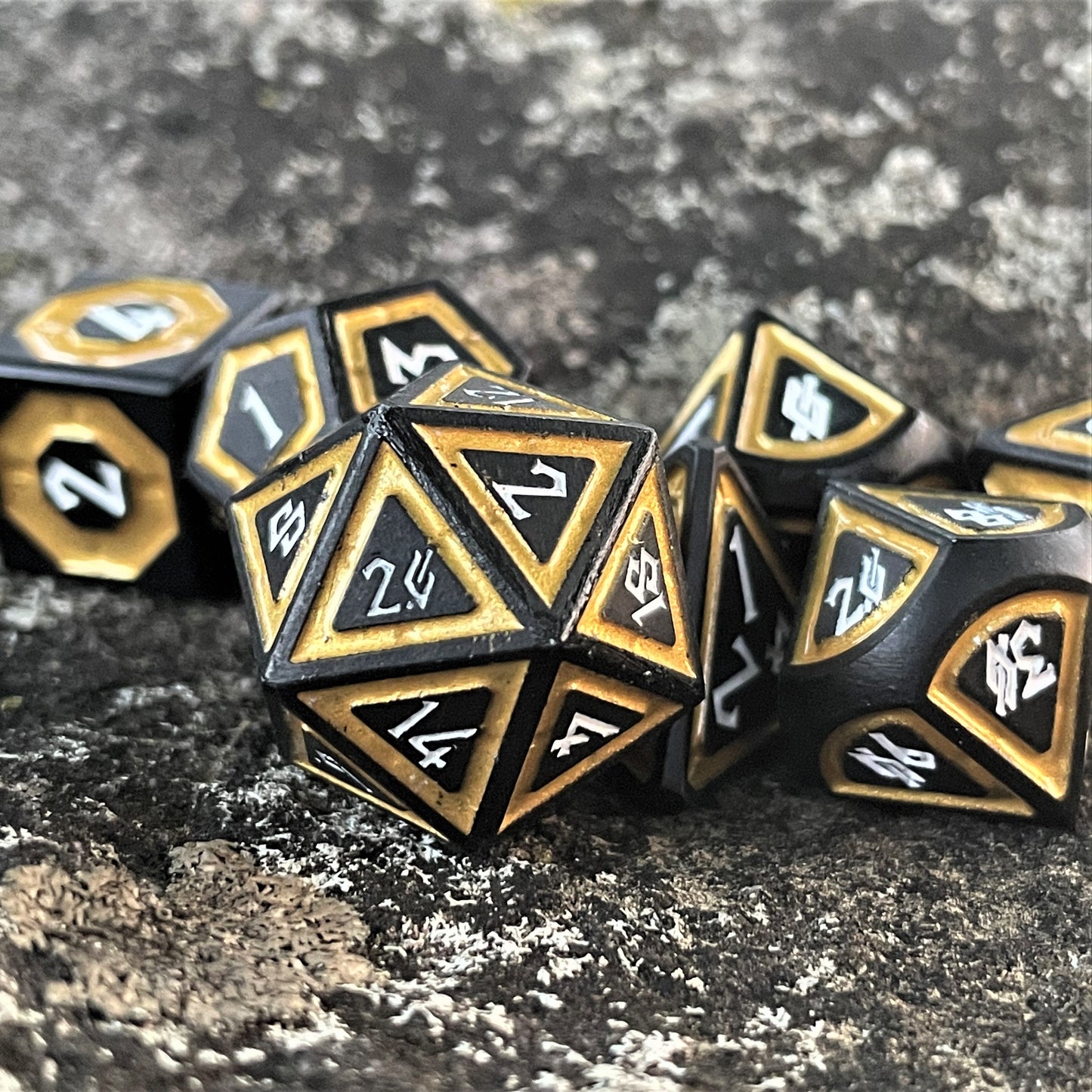 Cleric's Shadow Domain Black & Gold Metal Dice Set – 7-Piece Polyhedral RPG Dice