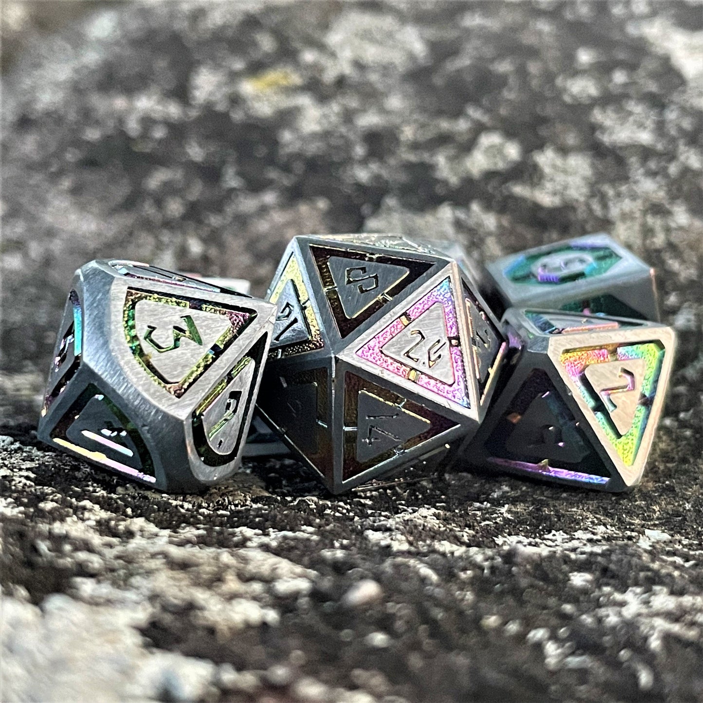 Cleric's Domain Silver Iridescent Metal Dice Set – 7-Piece Polyhedral RPG Dice