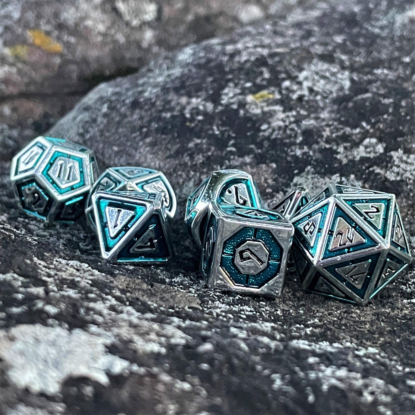 Cleric's Domain Aqua & Silver Metal Dice Set – 7-Piece Polyhedral RPG Dice