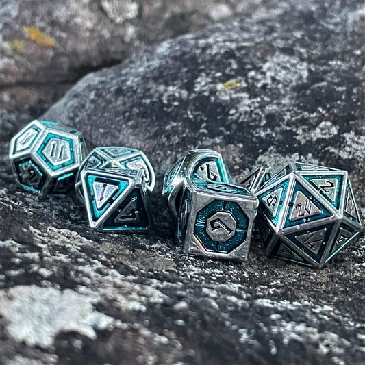 Cleric's Domain Aqua & Silver Metal Dice Set – 7-Piece Polyhedral RPG Dice