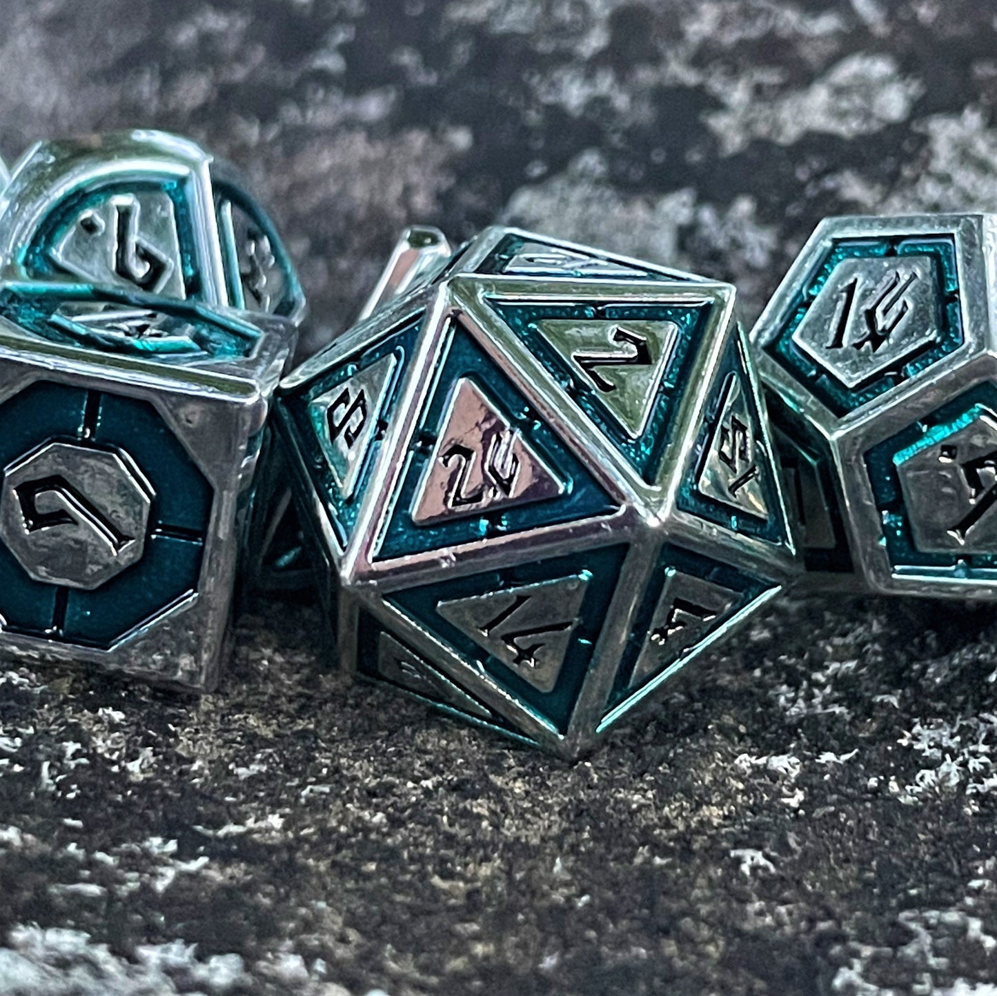 Cleric's Domain Aqua & Silver Metal Dice Set – 7-Piece Polyhedral RPG Dice