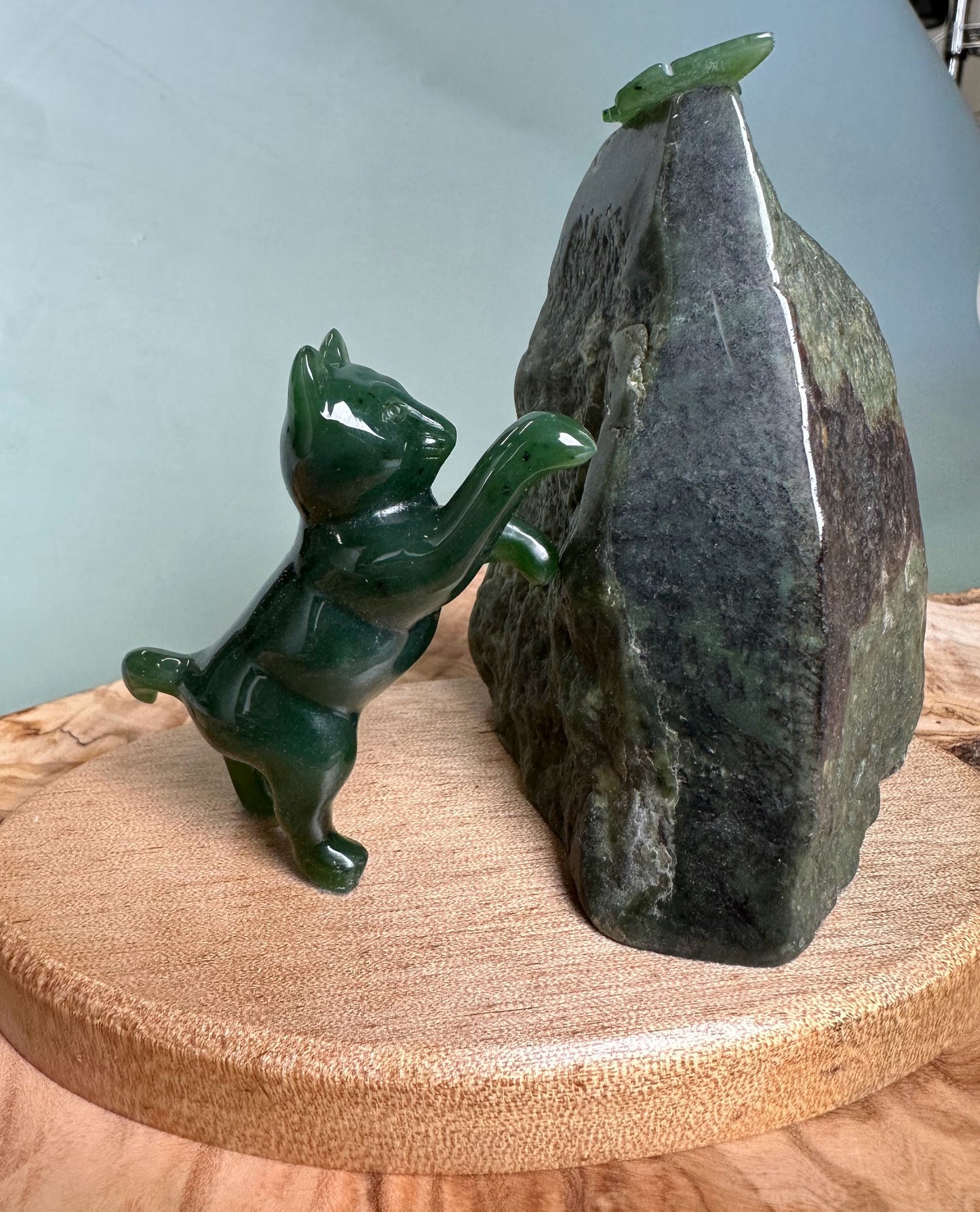 Cat Pawing at Jade Butterfly — Canadian Jade Figurine
