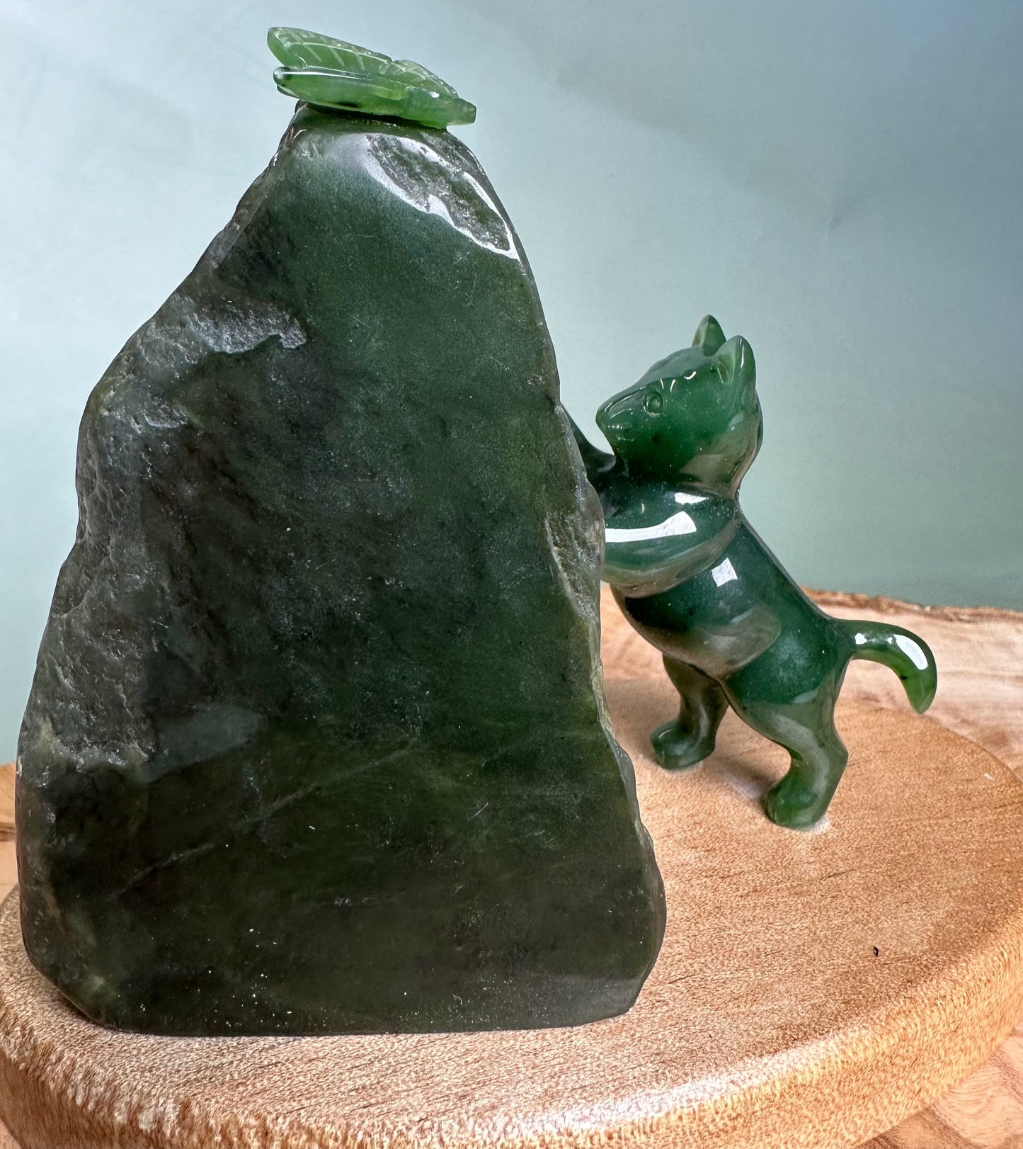 Cat Pawing at Jade Butterfly — Canadian Jade Figurine