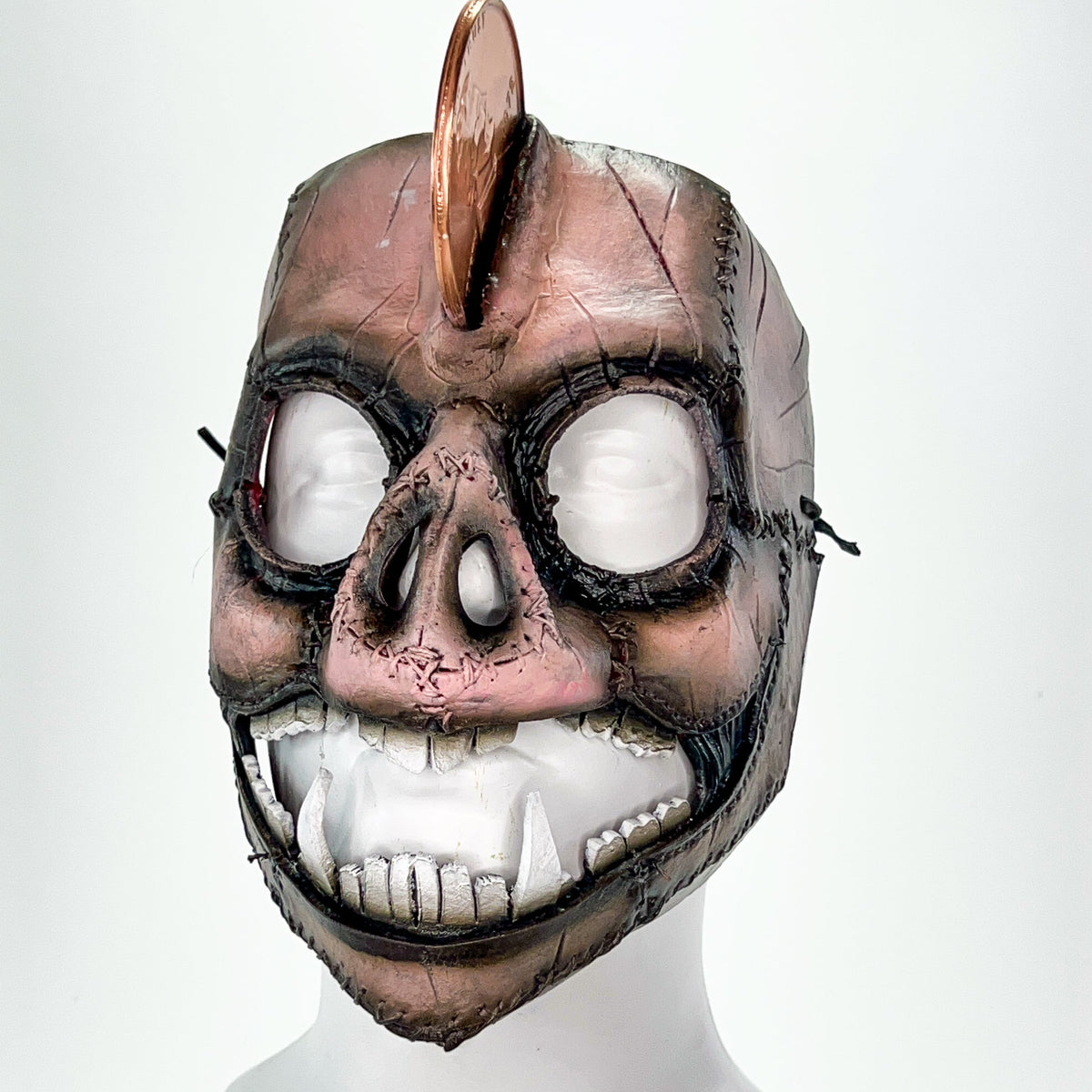 Demented Piggy Bank - Genuine Leather Mask - Real Copper Penny  - Handmade Full Face Cover for Halloween or Performance Costume