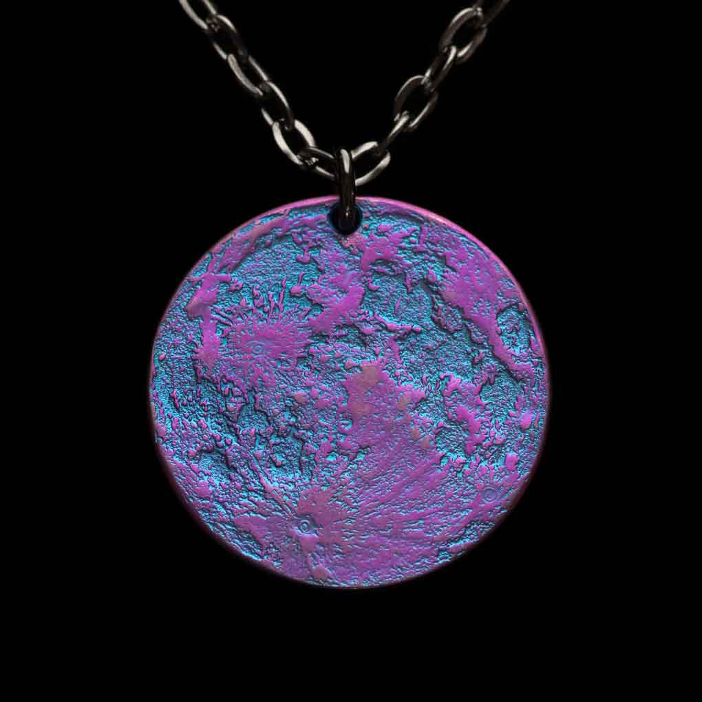 Blue and Purple Moon Necklace - 1" Anodized Niobium Pendant on 30" Chain