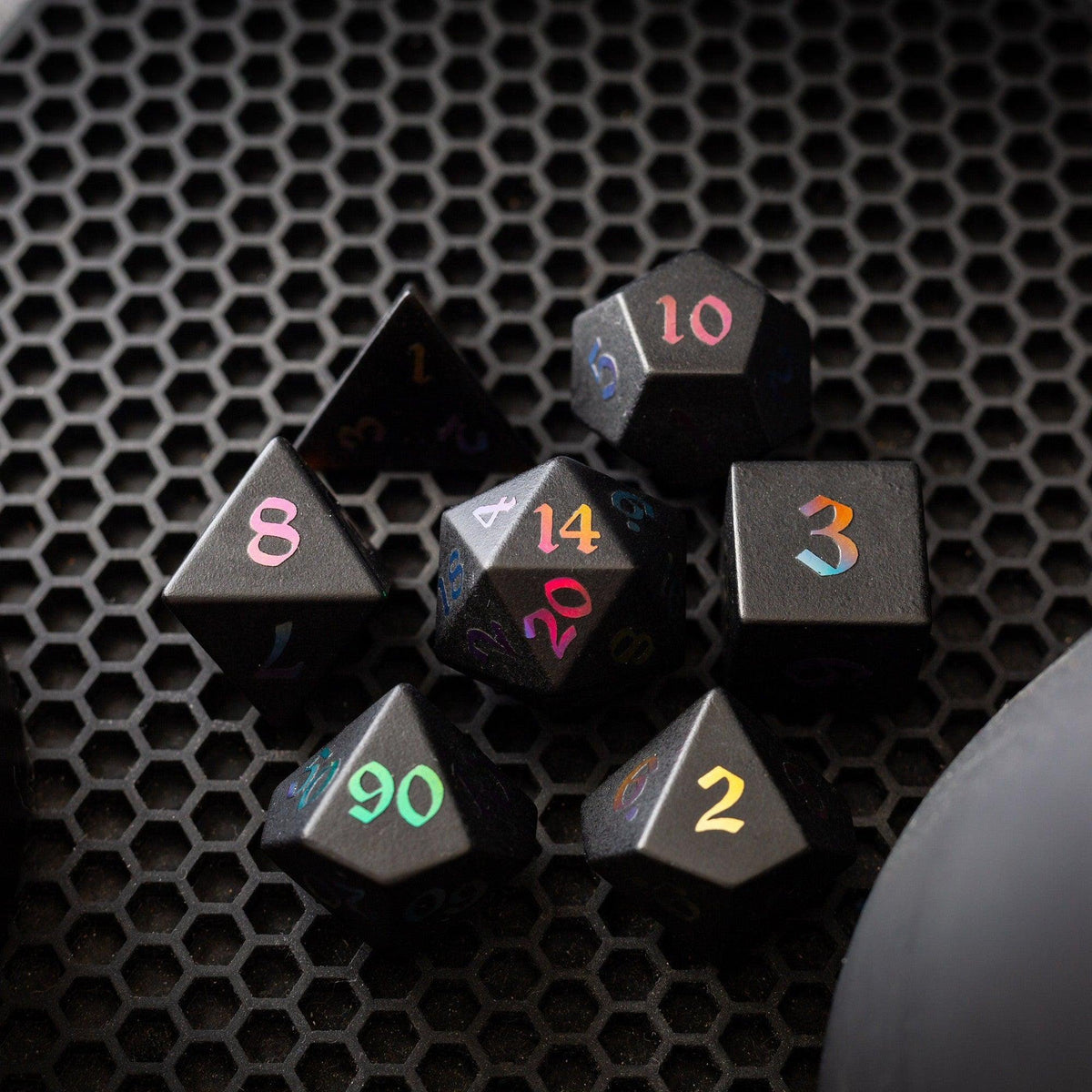 Inked Black Night Raised Obsidian Hand Carved Dice DND Set