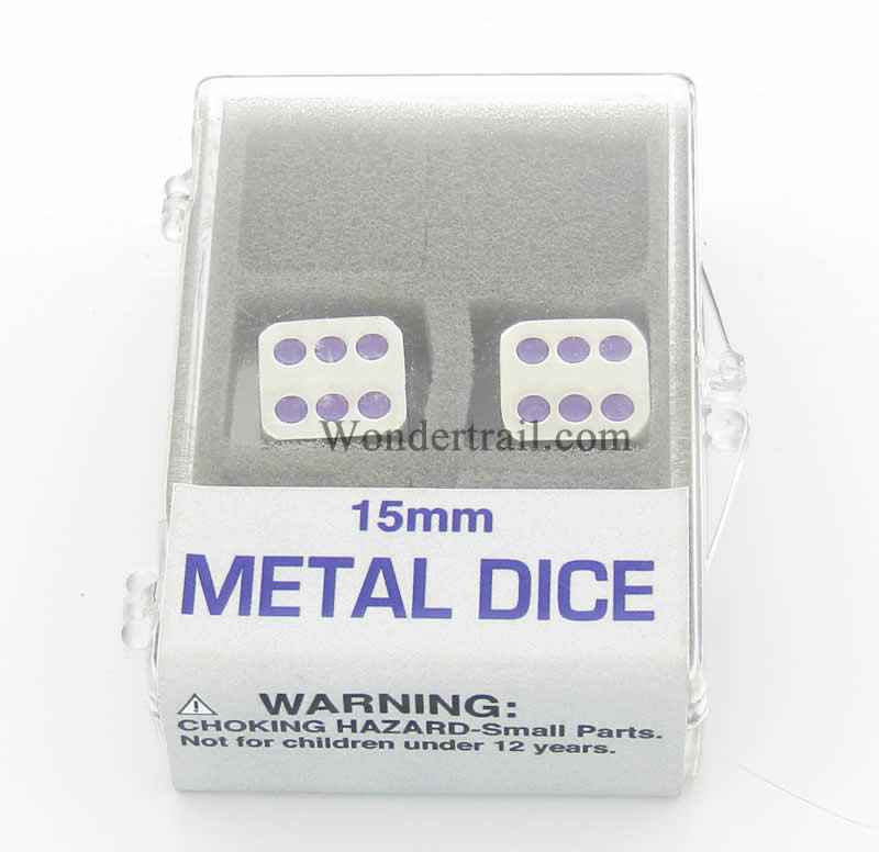 KOP18638 Metal Dice D6 Silver with Purple Pips 15mm (19/32in) Set of 2