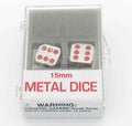 KOP18640 Metal Dice D6 Silver with Red Pips 15mm (19/32in) Set of 2