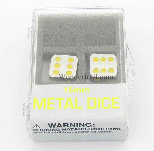 KOP18642 Metal Dice D6 Silver with Yellow Pips 15mm (19/32in) Set of 2