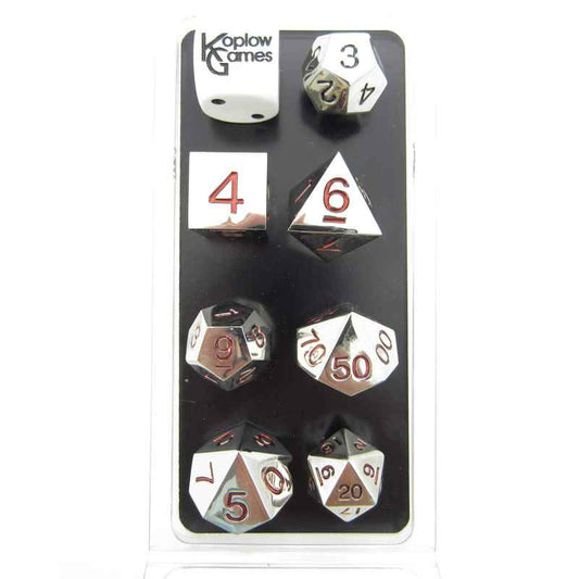 KOP18741 Metal Polyhedral Dice Silver with Red Numbers 20mm Set of 7