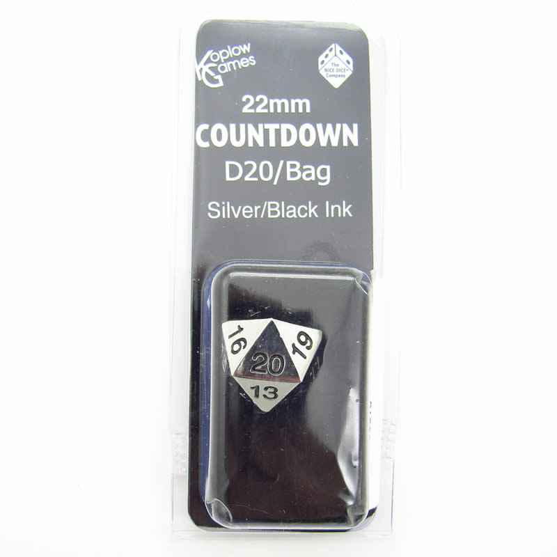 KOP18857 Metal Die Silver with Black Numbers Countdown D20 22mm 1 Die with Dice Bag
