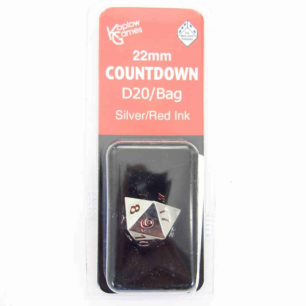 KOP18861 Metal Die Silver Colored Red Numbers Countdown D20 22mm 1 Die with Dice Bag Koplow Games