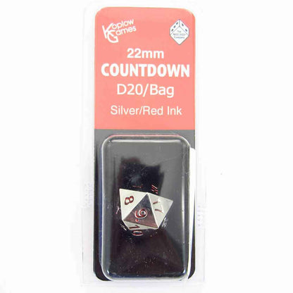 KOP18861 Metal Die Silver Colored Red Numbers Countdown D20 22mm 1 Die with Dice Bag Koplow Games
