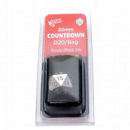 KOP18861 Metal Die Silver Colored Red Numbers Countdown D20 22mm 1 Die with Dice Bag Koplow Games