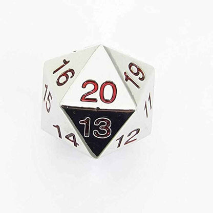 KOP18861 Metal Die Silver Colored Red Numbers Countdown D20 22mm 1 Die with Dice Bag Koplow Games