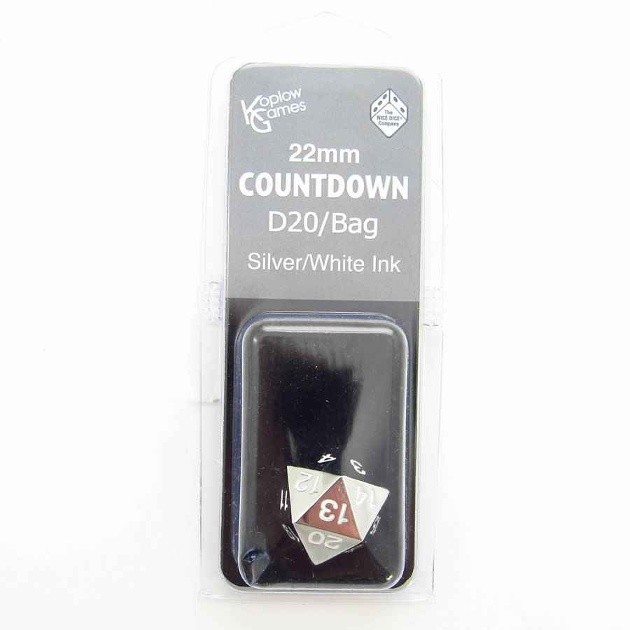 KOP18863 Metal Die Silver Colored White Numbers D20 22mm (7/8in) 1 Die