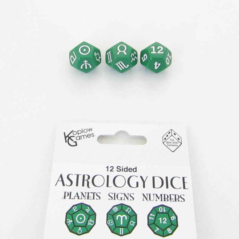 KOP19072 Green Astrology Dice Planets and Signs and Numbers Pack of 3