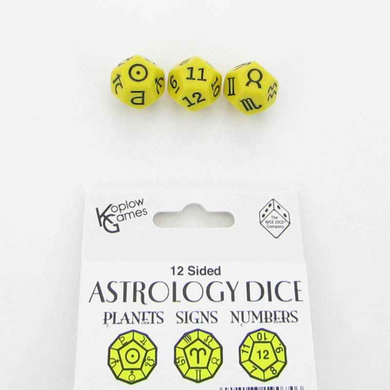 KOP19074 Yellow Astrology Dice Planets and Signs and Numbers Pack of 3