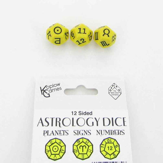 KOP19074 Yellow Astrology Dice Planets and Signs and Numbers Pack of 3