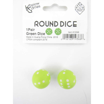 Green Round Dice with White Pips - D6 22mm Spherical Dice (Pack of 2) | Koplow Games