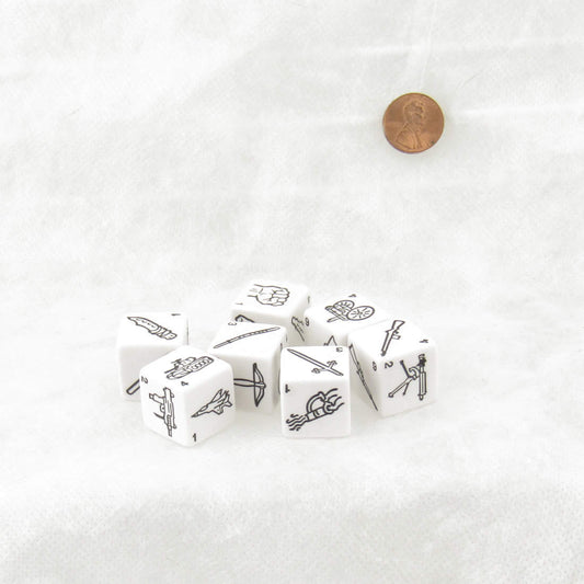 KOP20091 Weapons Dice White with Black Weapons Symbols D6 19mm (3/4in) Set of 7 Dice