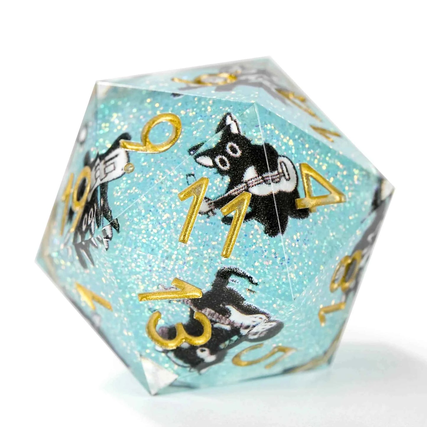 Dynamic Music Black Cat Light Blue Glitter Resin DND Dice Set