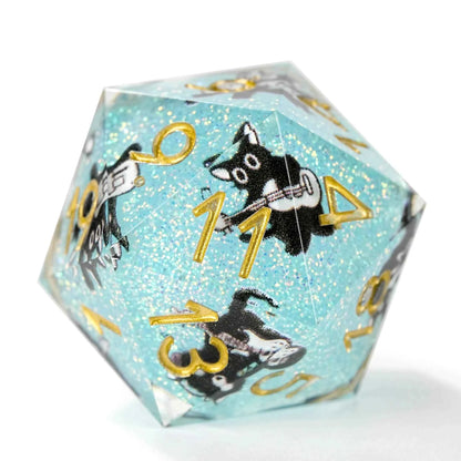 Dynamic Music Black Cat Light Blue Glitter Resin DND Dice Set