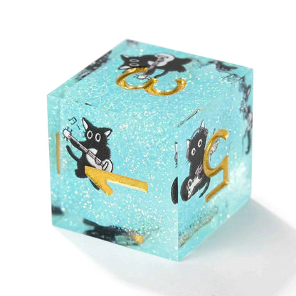 Dynamic Music Black Cat Light Blue Glitter Resin DND Dice Set