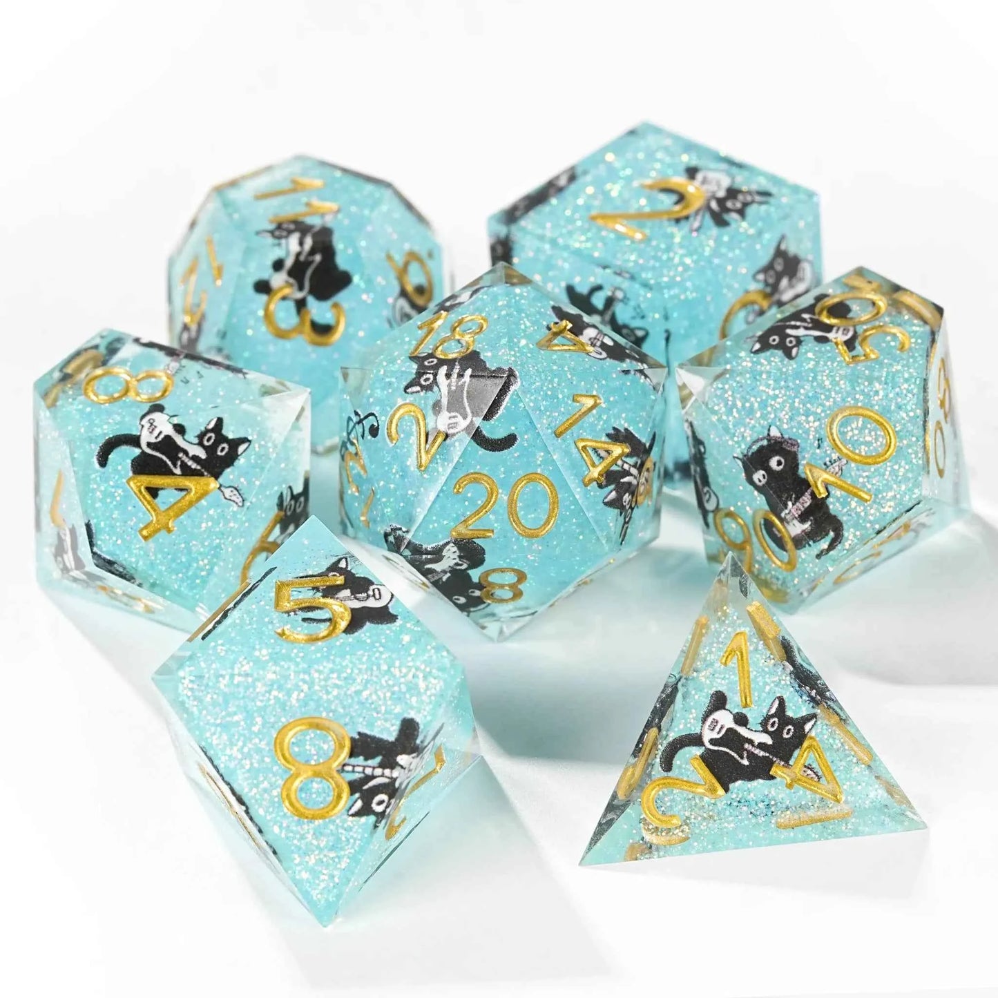 Dynamic Music Black Cat Light Blue Glitter Resin DND Dice Set