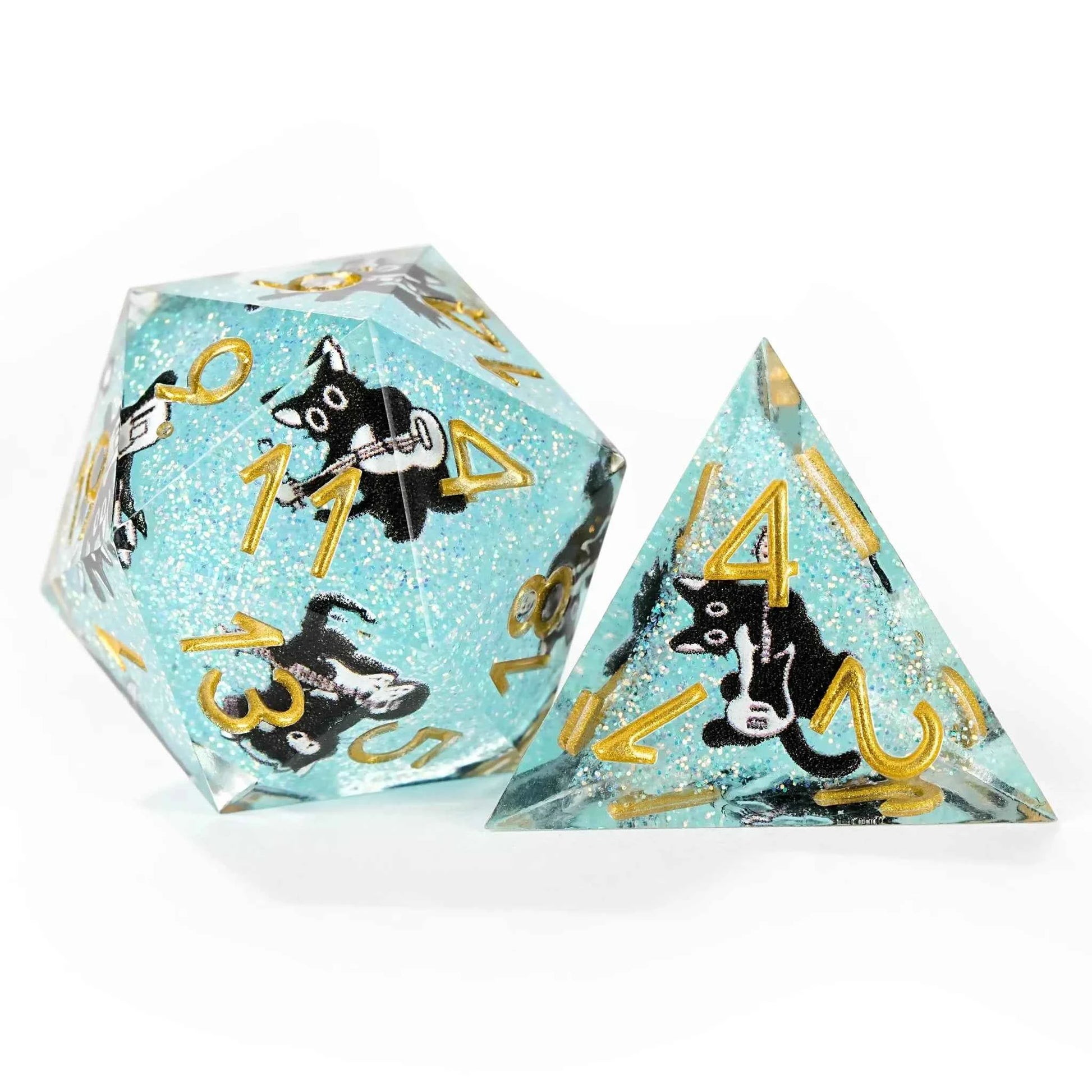 Dynamic Music Black Cat Light Blue Glitter Resin DND Dice Set