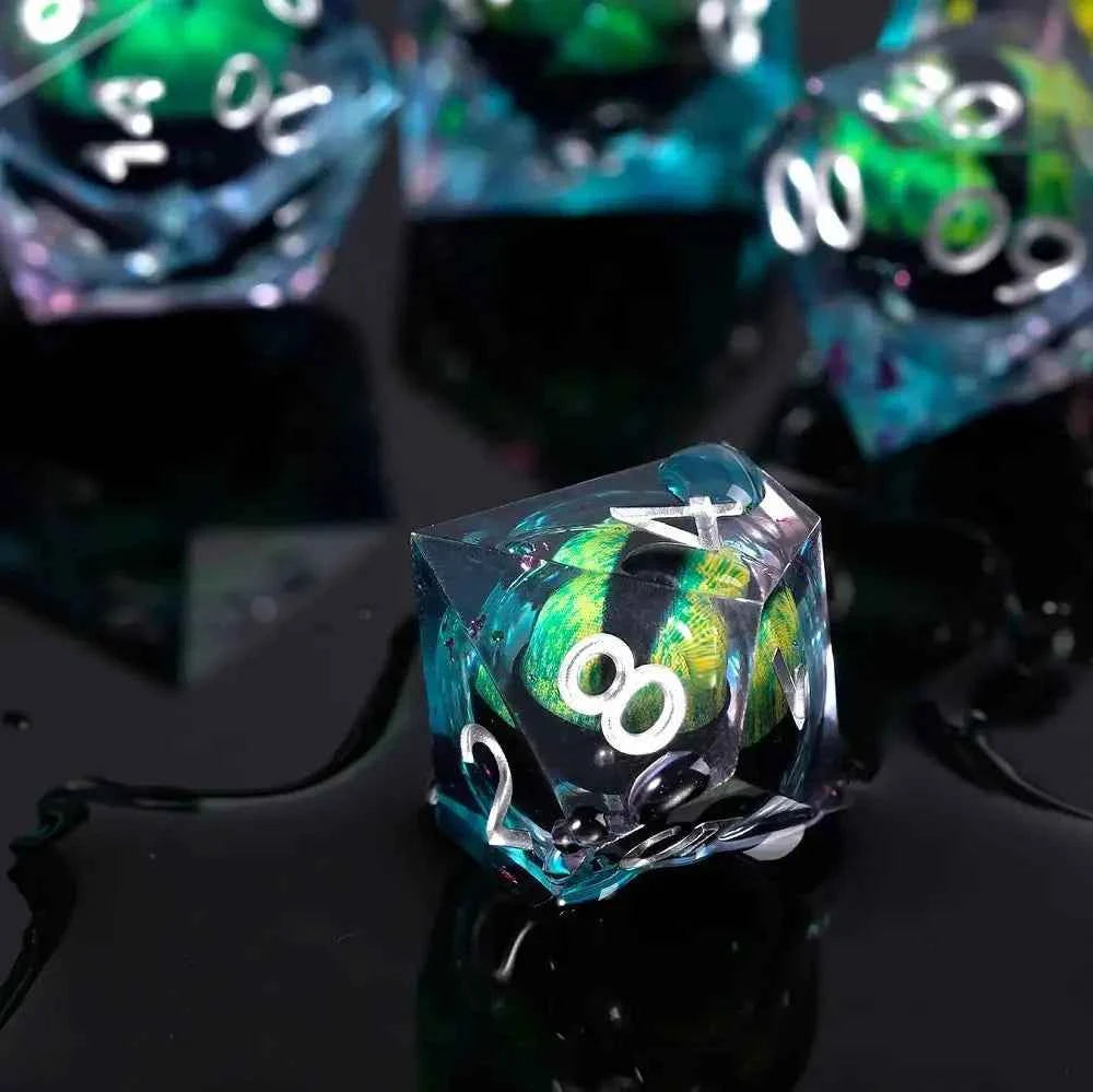 Green Dragon Eye Transparent Resin Liquid Core DND Dice Set + Silver Font