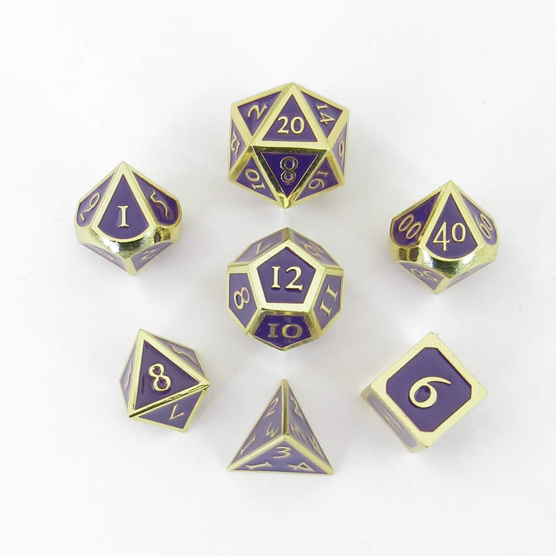 Purple Metal Dice Set with Gold Numbers - Premium 16mm Polyhedral RPG Dice