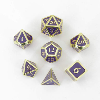 Purple Metal Dice Set with Gold Numbers - Premium 16mm Polyhedral RPG Dice