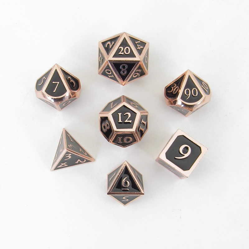 Black Metal Dice Set with Copper Numbers - 16mm Polished Zinc DND Dice