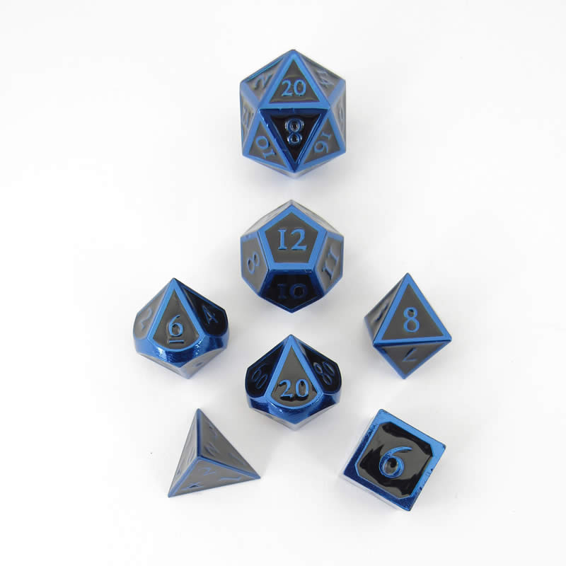 Black Blue Painted Metal Dice Set - 16mm Heavy Zinc D&D Dice with Blue Numbers
