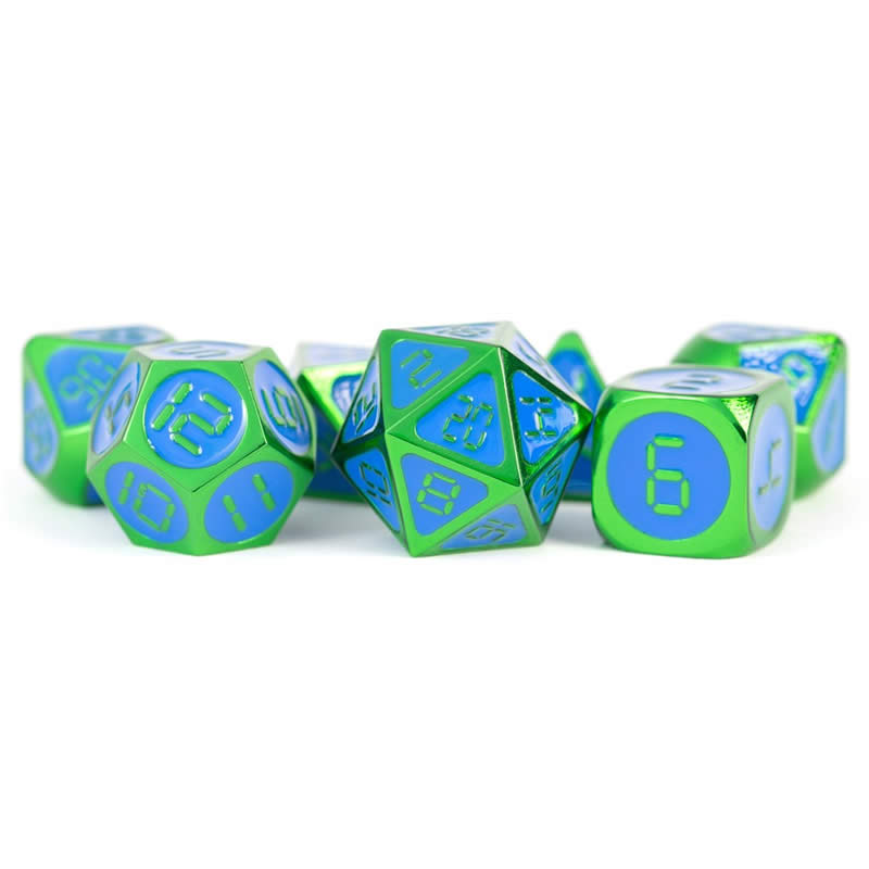 Green and Blue Metal Dice Set - 16mm Heavy Zinc D&D Dice with Digital Numbers