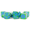 MET023 Green and Blue Metal Dice Green Digital Numbers 16mm (5/8in) 7-Dice Set