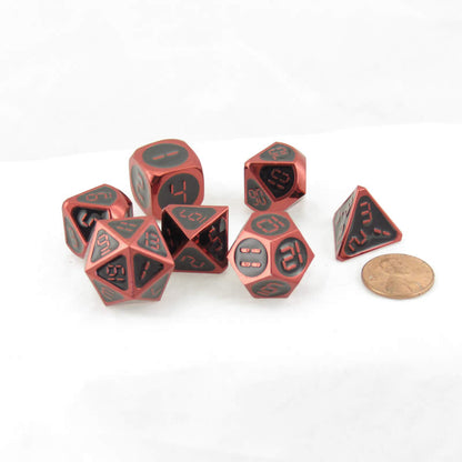 Red and Black Metal Dice Set with Digital Numbers - 16mm 7-Piece RPG Dice