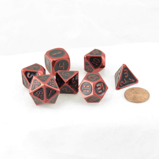 Red and Black Metal Dice Set with Digital Numbers - 16mm 7-Piece RPG Dice