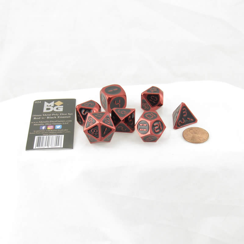 Red and Black Metal Dice Set with Digital Numbers - 16mm 7-Piece RPG Dice