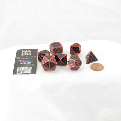 Red and Black Metal Dice Set with Digital Numbers - 16mm 7-Piece RPG Dice