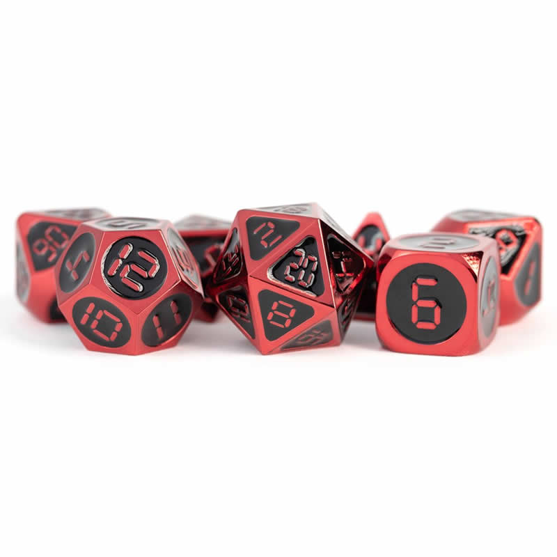 Red and Black Metal Dice Set with Digital Numbers - 16mm 7-Piece RPG Dice