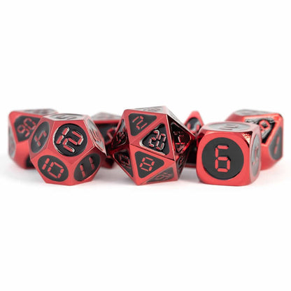 Red and Black Metal Dice Set with Digital Numbers - 16mm 7-Piece RPG Dice