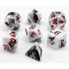 MET1031 Black White Marble Acrylic Dice Red Numbers 16mm (5/8in) Set of 7