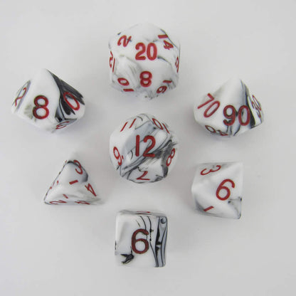 MET1031 Black White Marble Acrylic Dice Red Numbers 16mm (5/8in) Set of 7