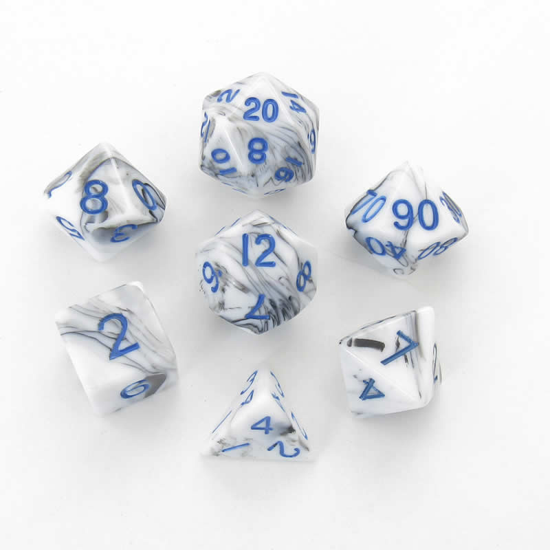 Black and White Marble Acrylic Dice Set with Blue Numbers - 7-Piece Polyhedral RPG Dice (16mm)